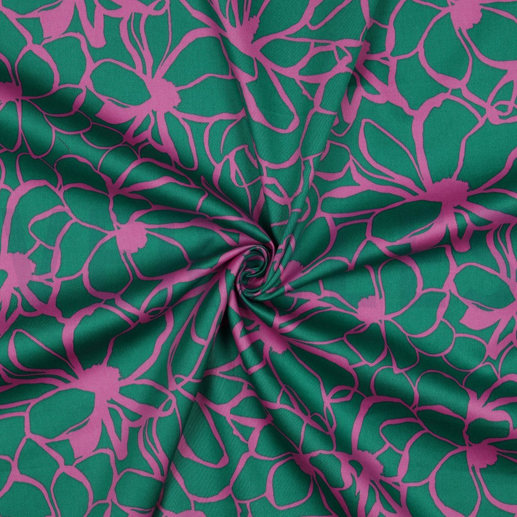 100% Cotton Satin Floral Magnolia Nerida Hansen - Dark Purple and Dark green per 1/2m