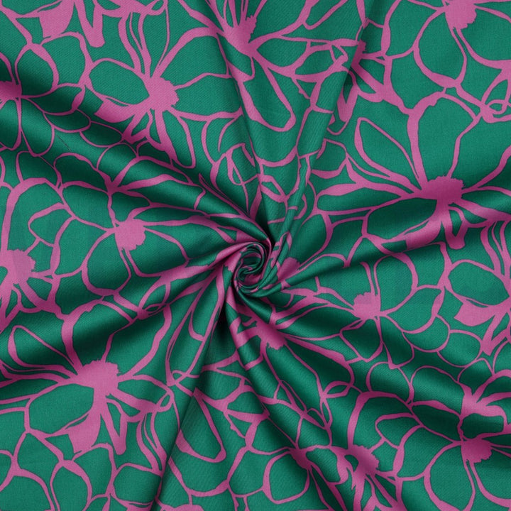 100% Cotton Satin Floral Magnolia Nerida Hansen - Dark Purple and Dark green per 1/2m