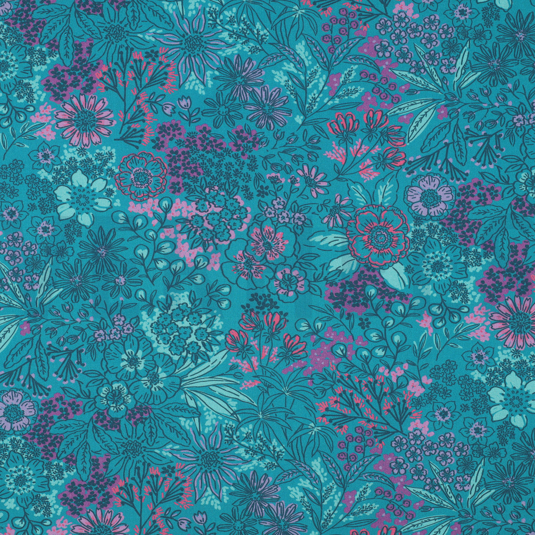 Fine Poplin Digital Flowers Floral dressmaking fabric by Poppy. Pink and petrol blue, Per 1/2m