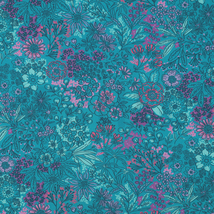 Fine Poplin Digital Flowers Floral dressmaking fabric by Poppy. Pink and petrol blue, Per 1/2m