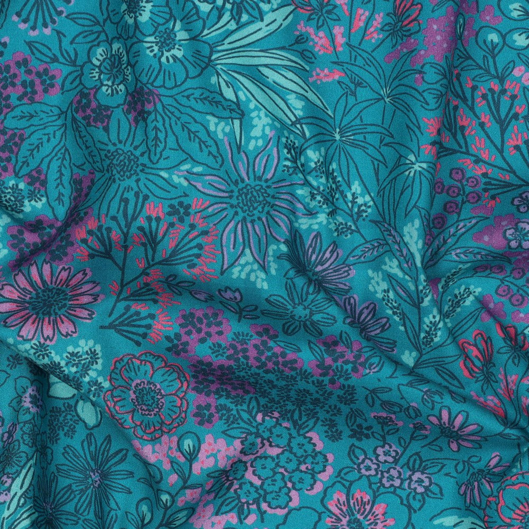 Fine Poplin Digital Flowers Floral dressmaking fabric by Poppy. Pink and petrol blue, Per 1/2m