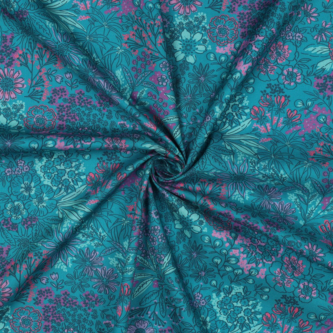 Fine Poplin Digital Flowers Floral dressmaking fabric by Poppy. Pink and petrol blue, Per 1/2m