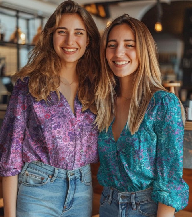 Fine Poplin Digital Flowers Floral dressmaking fabric by Poppy. Pink and petrol blue, Per 1/2m