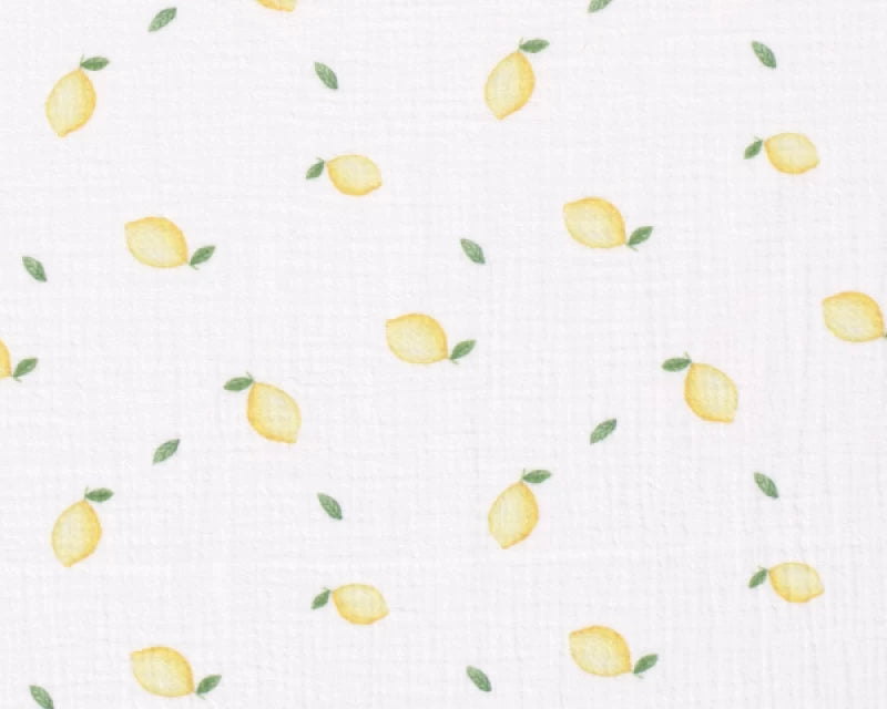 Lemons on white double gauze 100% cotton muslin fabric per 1/2m