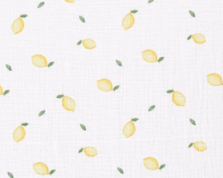 Lemons on white double gauze 100% cotton muslin fabric per 1/2m