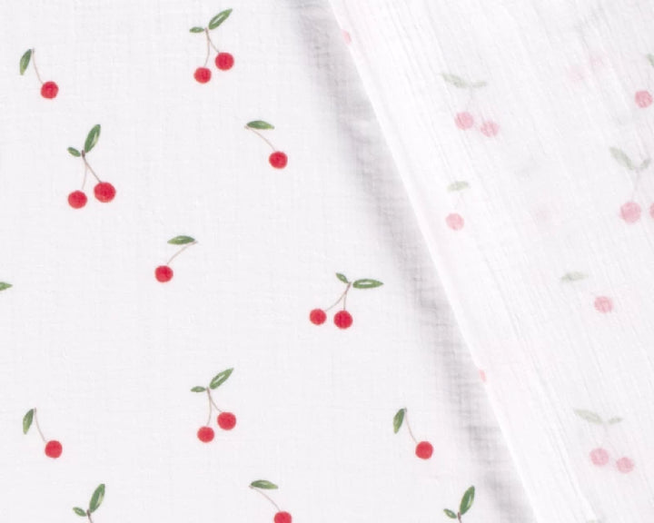 Cherry on white double gauze 100% cotton muslin fabric 85cm roll end