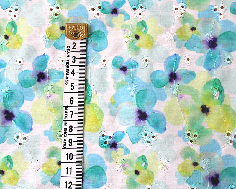 Floral Watercolour Pansies Polycotton Broderie Anglaise fabric per half metre