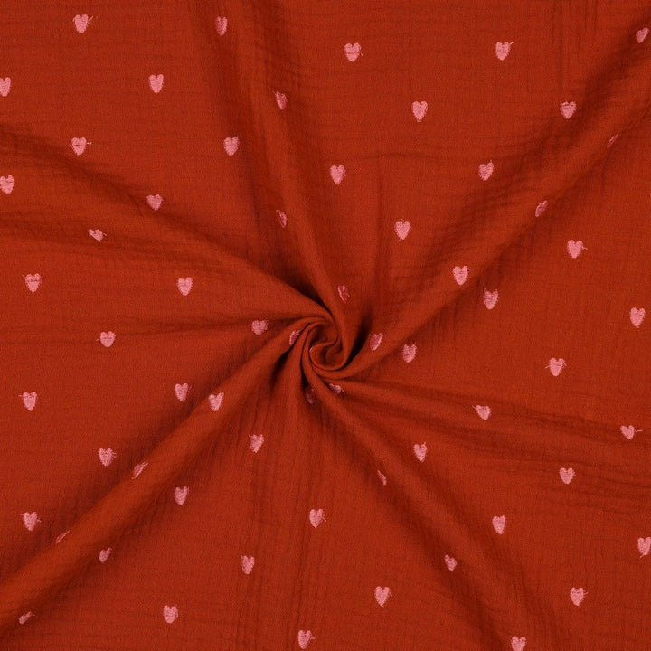 Embroidered Heart Cotton Double Gauze Muslin dress fabric by Poppy per metre