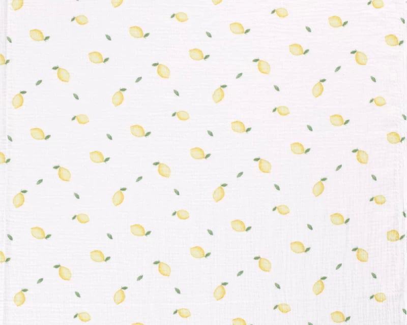 Lemons on white double gauze 100% cotton muslin fabric per 1/2m