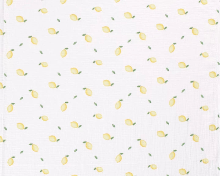Lemons on white double gauze 100% cotton muslin fabric per 1/2m