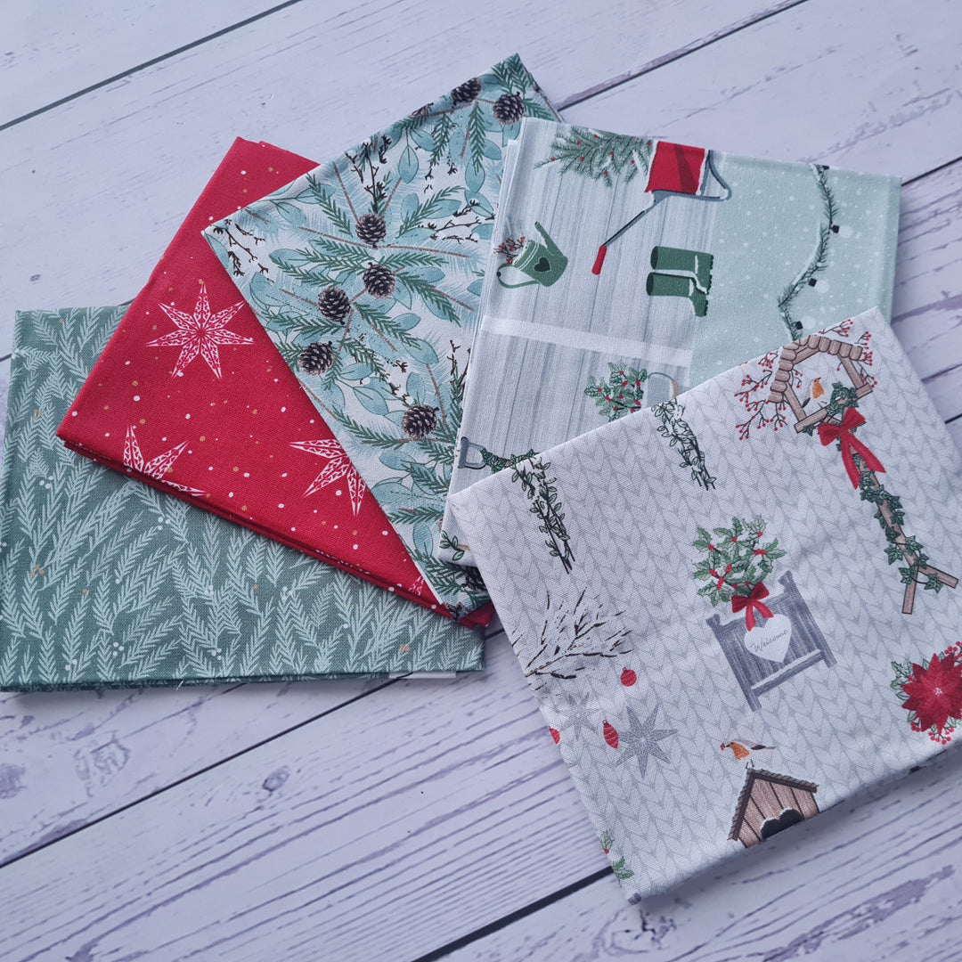 Welcome Home Christmas Garden cotton fat quarter bundle of 5 quilting fabrics.