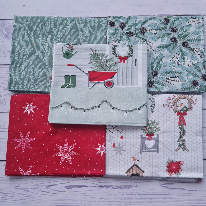 Welcome Home Christmas Garden cotton fat quarter bundle of 5 quilting fabrics.