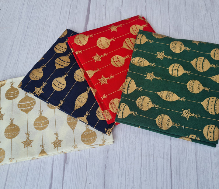 Metallic Baubles Christmas cotton fat quarter bundle of 4 quilting fabrics.