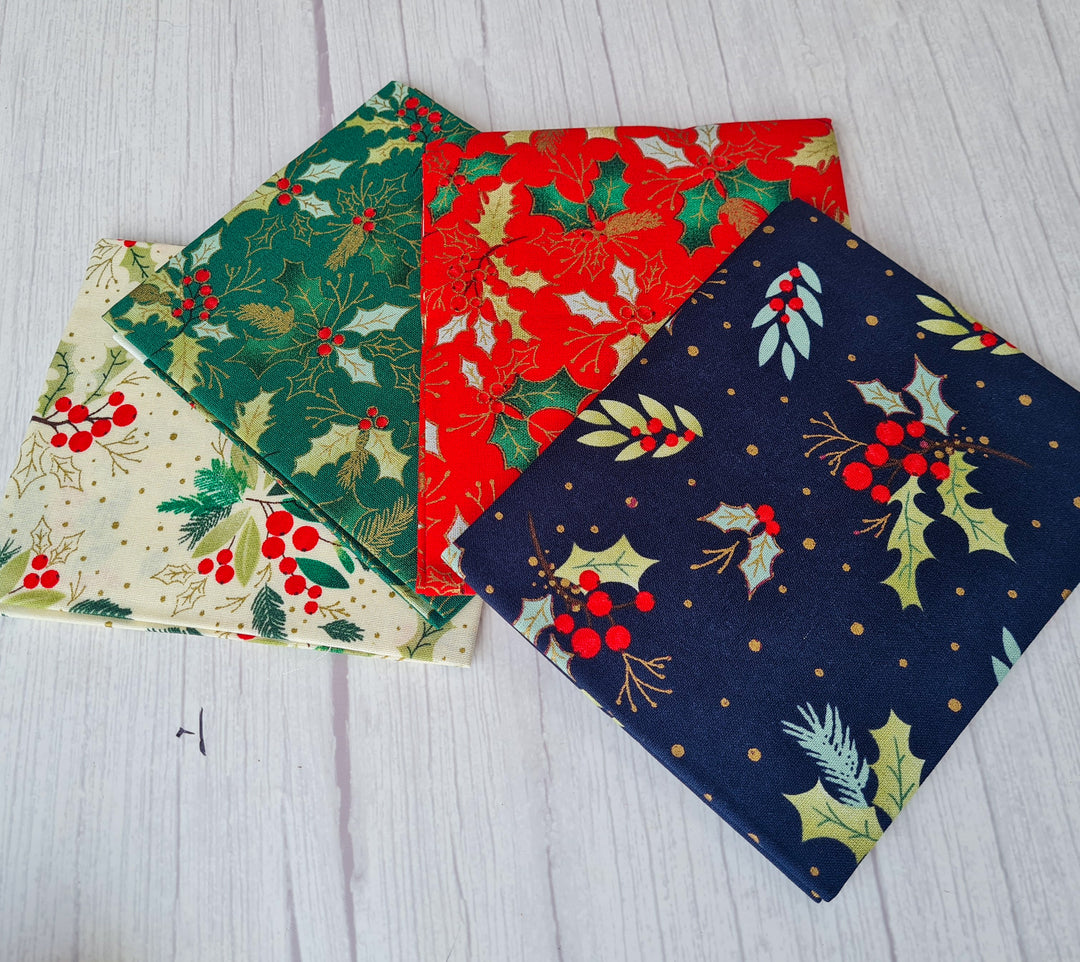 Christmas Traditional Holly cotton fat quarter bundle of 4 quilting fabrics.