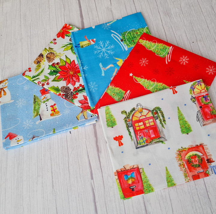 Christmas Traditions Snowman cotton fat quarter bundle of 5 quilting fabrics. Debbie Shore