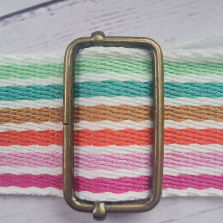 Bertie's bows 38mm striped, rainbow bag strapping/webbing: various colours. Per metre.