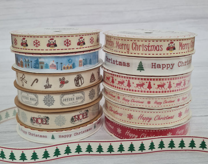 Christmas ribbon by Bertie's Bows. 9-16mm wide 3m/5 m/20 m/25 m reel.