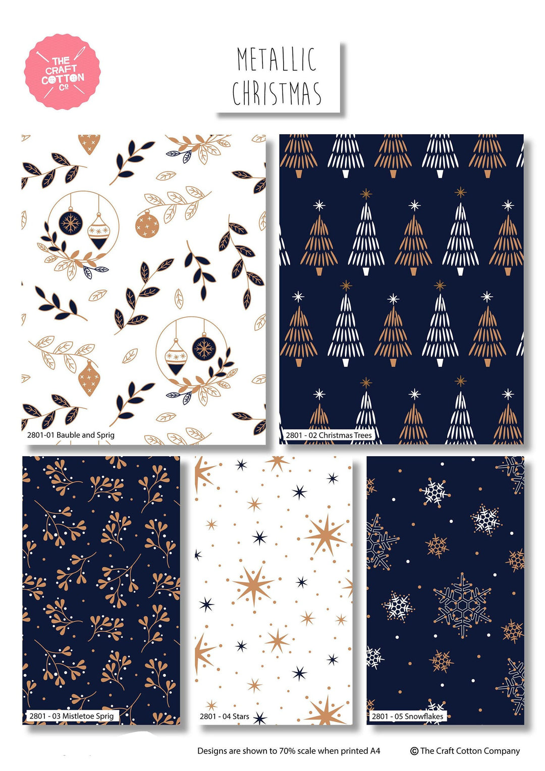 5 Pack Navy & Gold Metallic Christmas 18" X 22" Fabric, 100% Cotton Fat Quarters