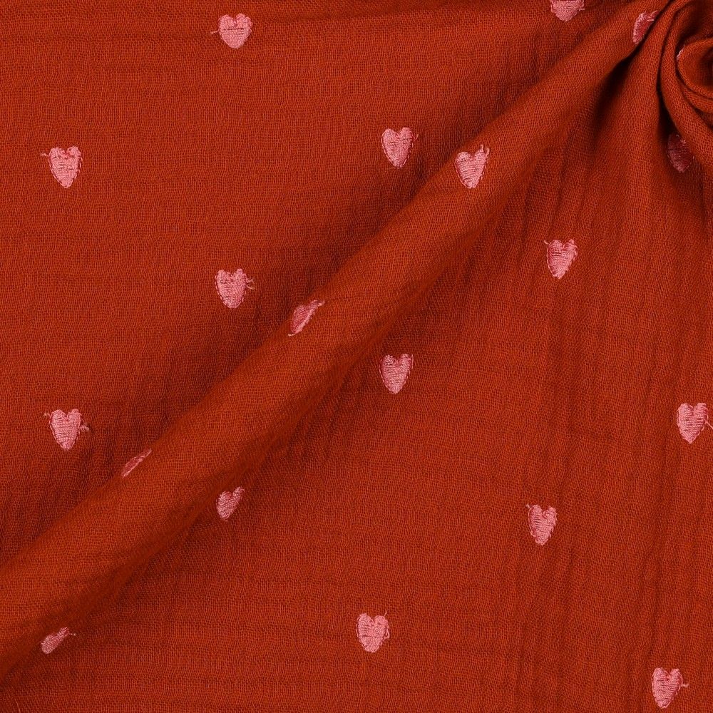 Embroidered Heart Cotton Double Gauze Muslin dress fabric by Poppy per metre