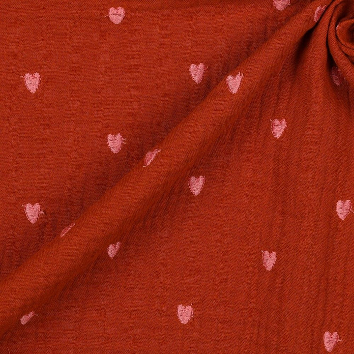 Embroidered Heart Cotton Double Gauze Muslin dress fabric by Poppy per metre