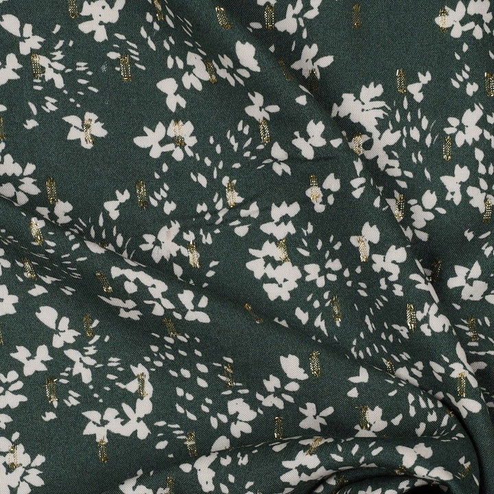 Floral Lurex Gold 100% Viscose Challis dress fabric by the half metre.