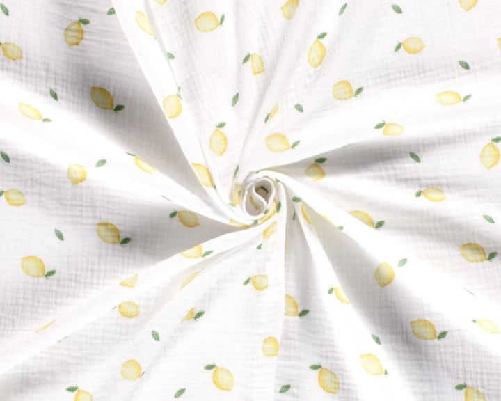 Lemons on white double gauze 100% cotton muslin fabric per 1/2m