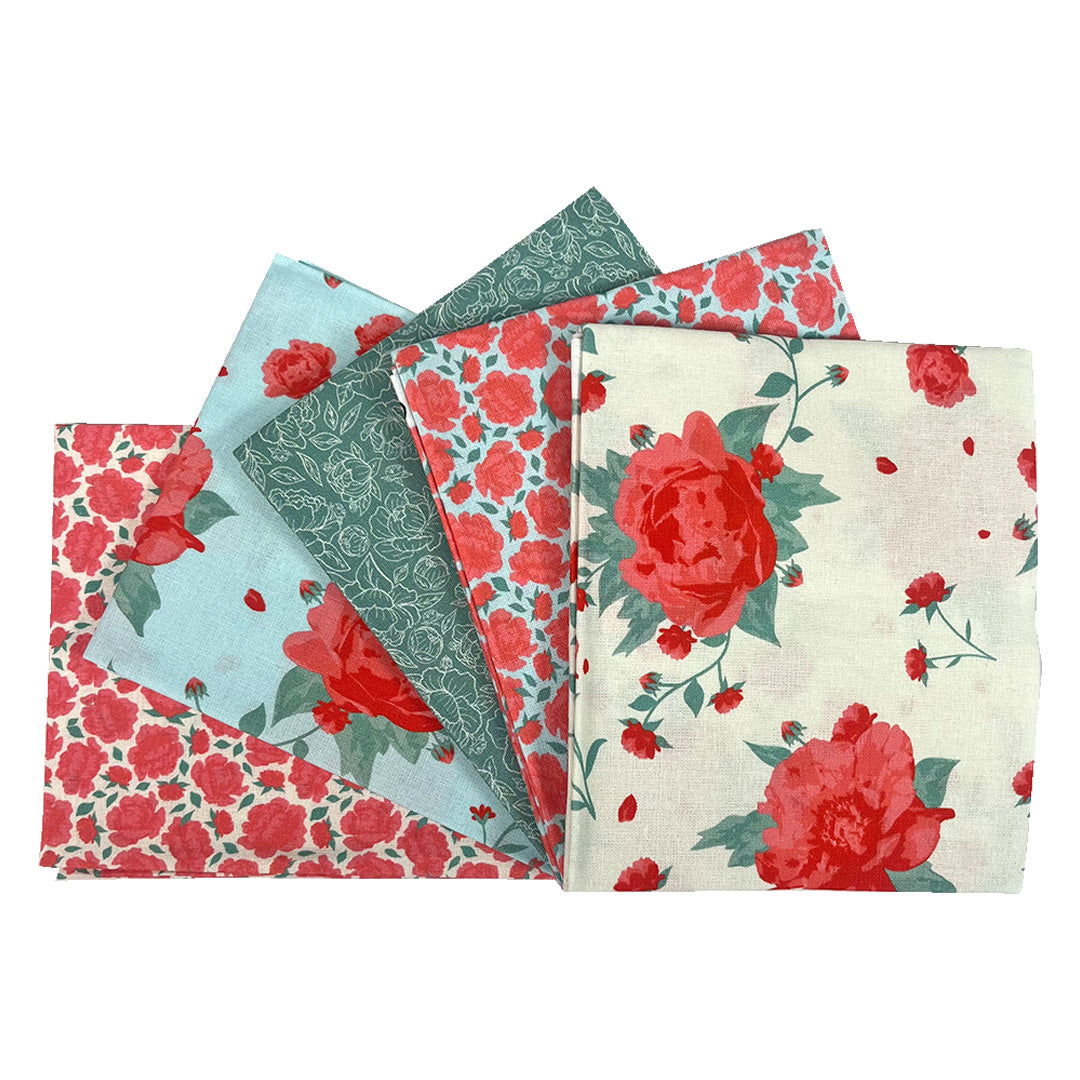 Vintage floral red rose 5 x fat quarter bundle craft cotton, quilting fabric.