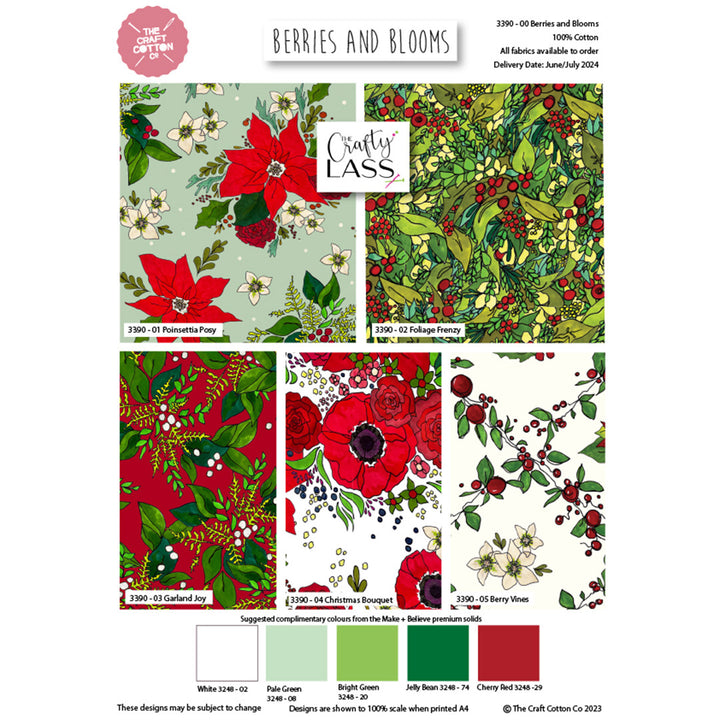 Berries & Blooms 5 Pk Fat Quarter bundle by The Crafty Lass. Christmas Cotton fabric