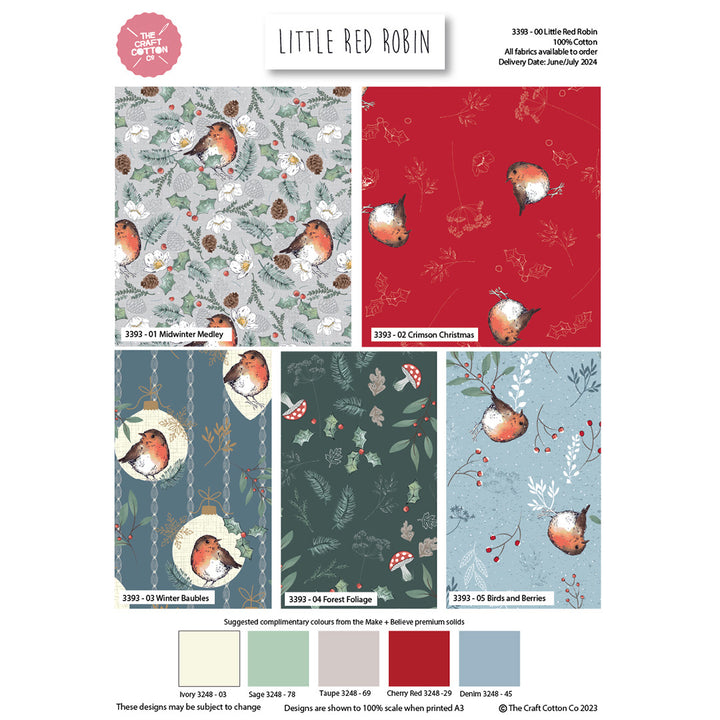Little Red Robin Christmas cotton fat quarter bundle of 5 quilting fabrics.