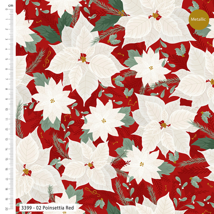 Jolly Poinsettia Christmas metallic cotton fat quarter bundle of 5 quilting fabrics.