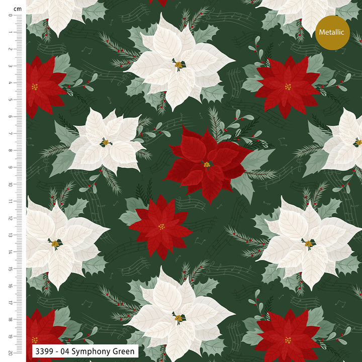 Jolly Poinsettia Christmas metallic cotton fat quarter bundle of 5 quilting fabrics.