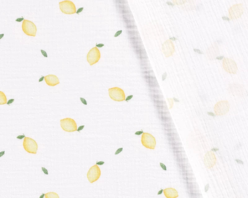 Lemons on white double gauze 100% cotton muslin fabric per 1/2m