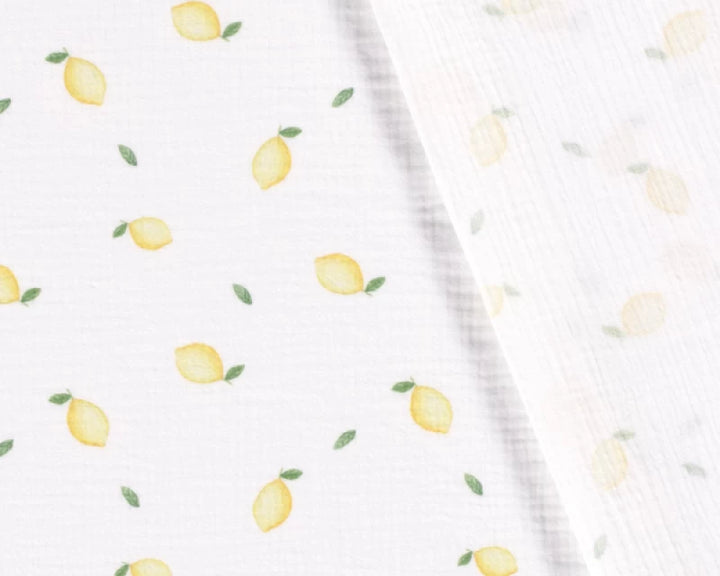 Lemons on white double gauze 100% cotton muslin fabric per 1/2m