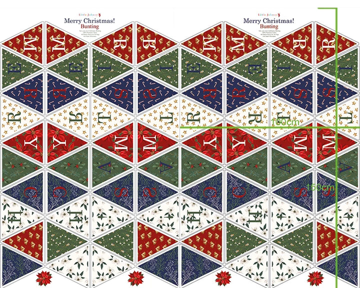 Merry Christmas bunting. Cotton Fabric Panel. 1m x1.5m, 40 flags. Little Johnny