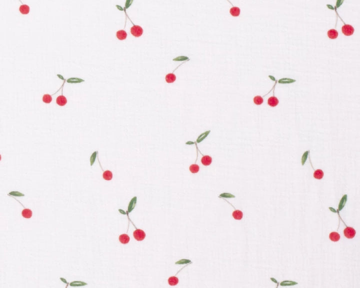 Cherry on white double gauze 100% cotton muslin fabric 85cm roll end