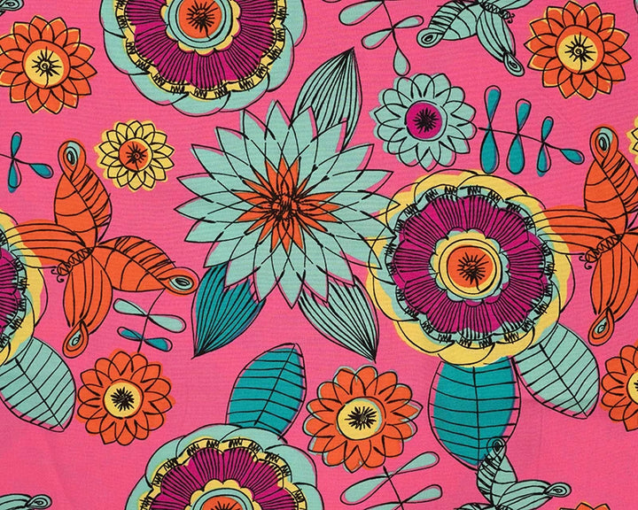 Pink / Aqua 100% Viscose Bright Abstract Floral Challis dress fabric by the 1/2m