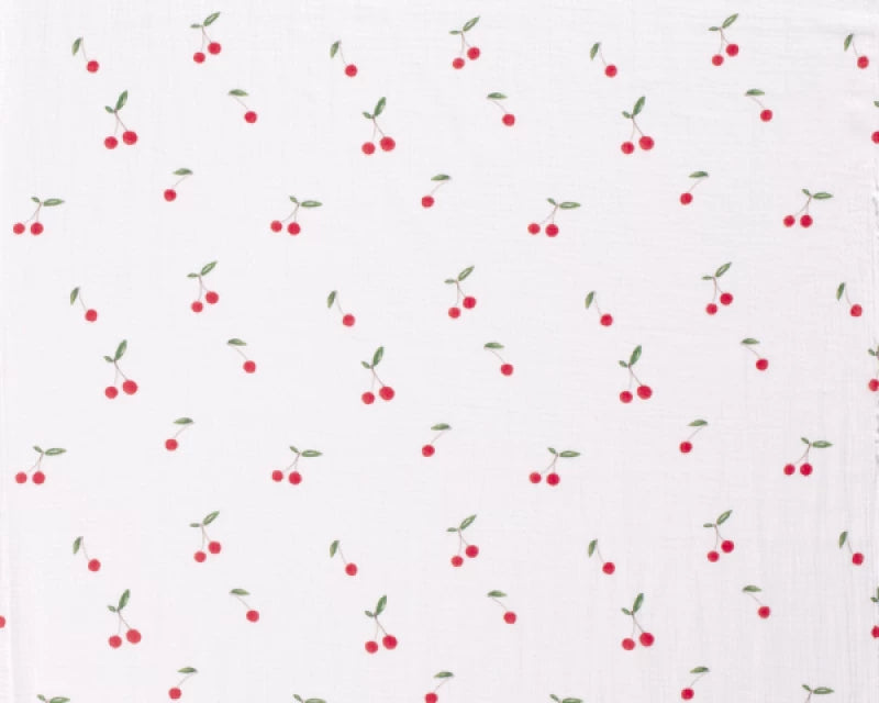 Cherry on white double gauze 100% cotton muslin fabric 85cm roll end