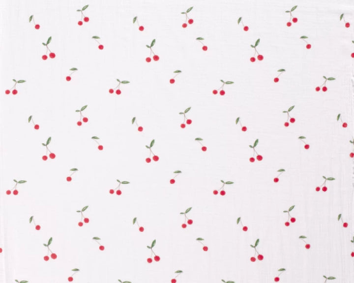 Cherry on white double gauze 100% cotton muslin fabric 85cm roll end