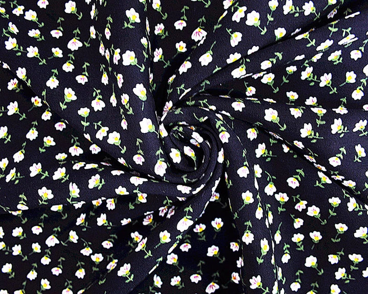 Navy blue ditsy floral Viscose Challis dressmaking fabric. Per 1/2m