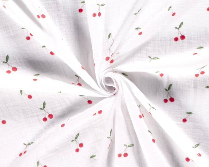 Cherry on white double gauze 100% cotton muslin fabric 85cm roll end