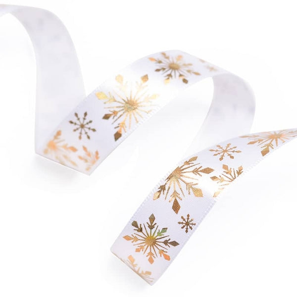 Snowflake Printed Satin Ribbon Gold or Silver