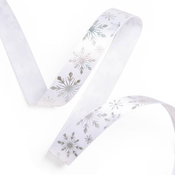 Snowflake Printed Satin Ribbon Gold or Silver