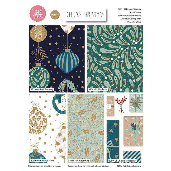 Deluxe Christmas cotton fat quarter bundle of 5 green festive quilting fabrics.