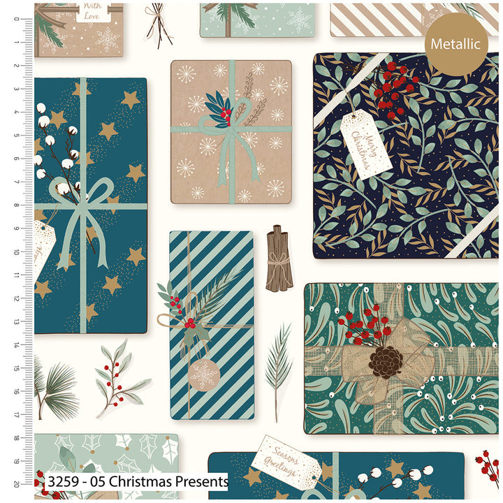 Deluxe Christmas cotton fat quarter bundle of 5 green festive quilting fabrics.