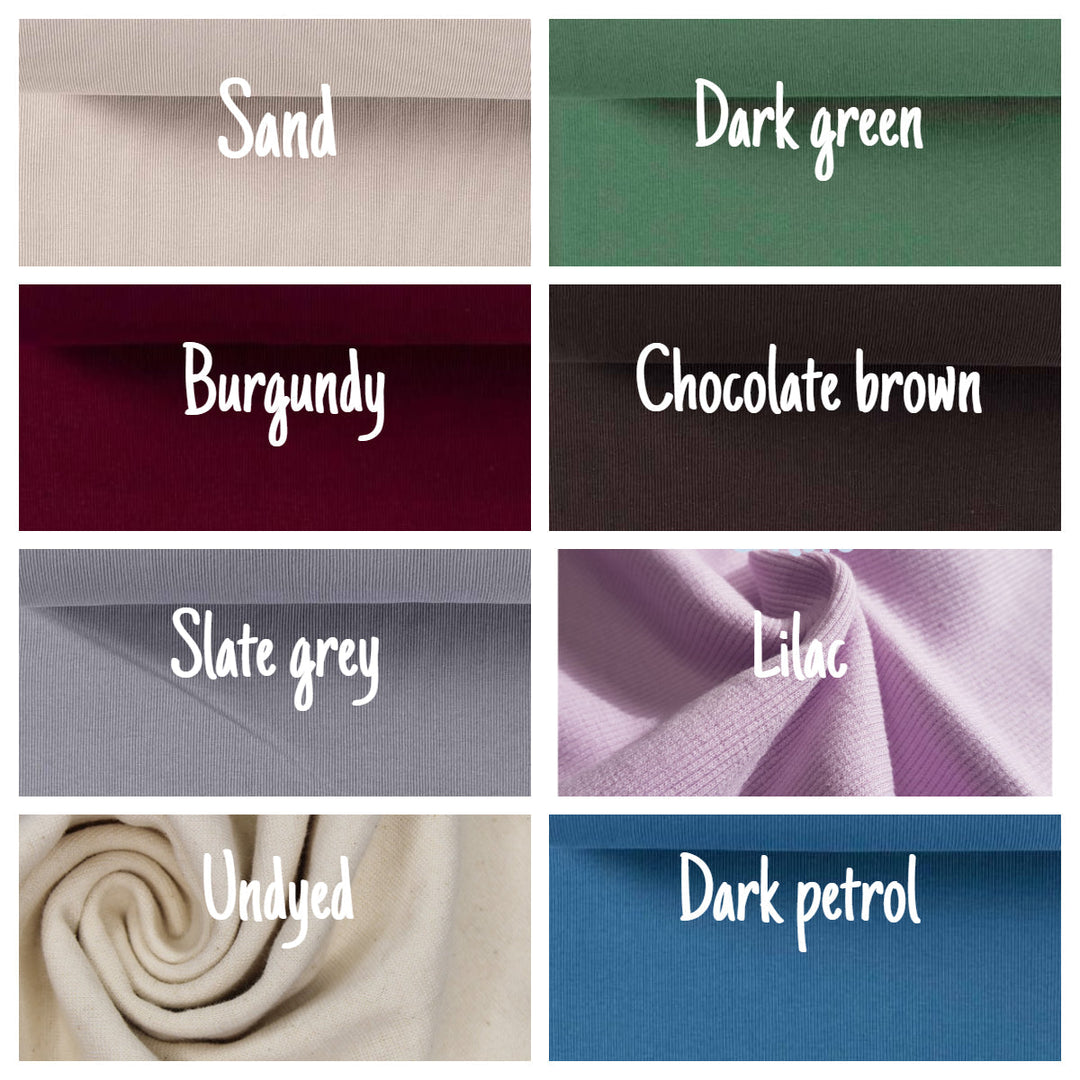 Tubular jersey ribbing knit cotton Oeko-Tex fabric. Ribbed cuffing, waistbands per metre
