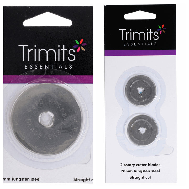 Rotary Cutter Blades: Trimits. 28 mm (2 pack), 45 mm (x1). Tungsten steel, straight cut.