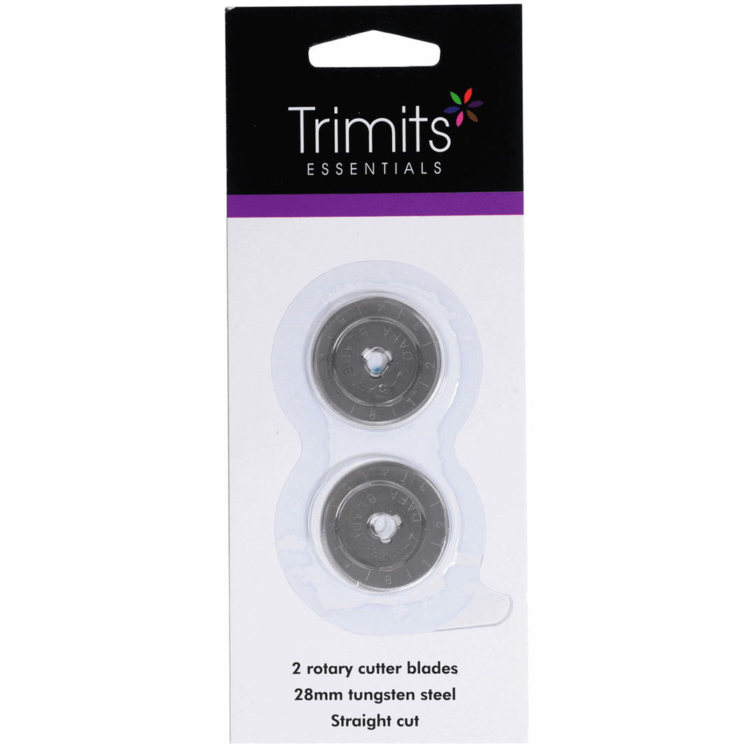Rotary Cutter Blades: Trimits. 28 mm (2 pack), 45 mm (x1). Tungsten steel, straight cut.