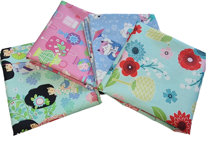 Geisha Girl By Michael Miller. Japanese floral, lucky good fortune cat quilting cotton fabric. Fat quarter bundle and per FQ
