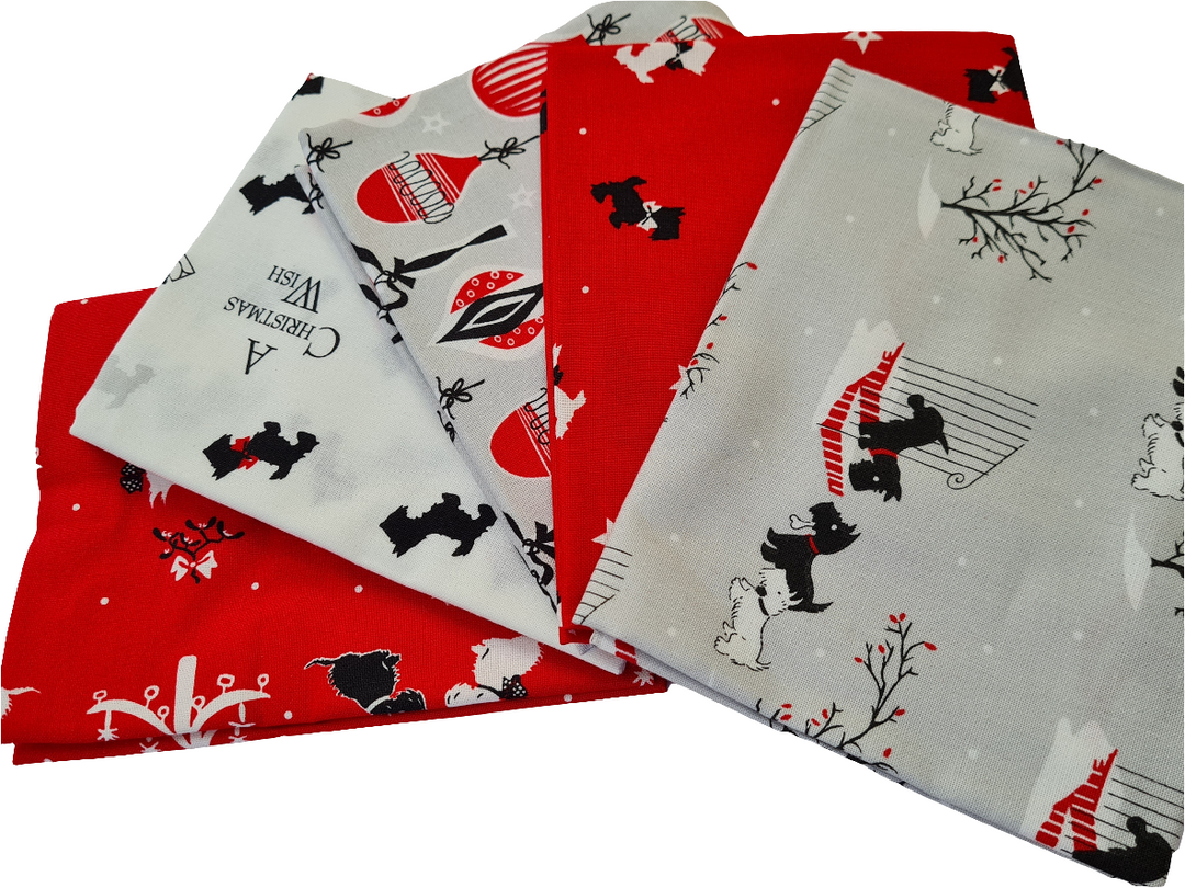 Scottie dog V&A Christmas fat quarter bundle of 5 quilting cotton Fabrics.