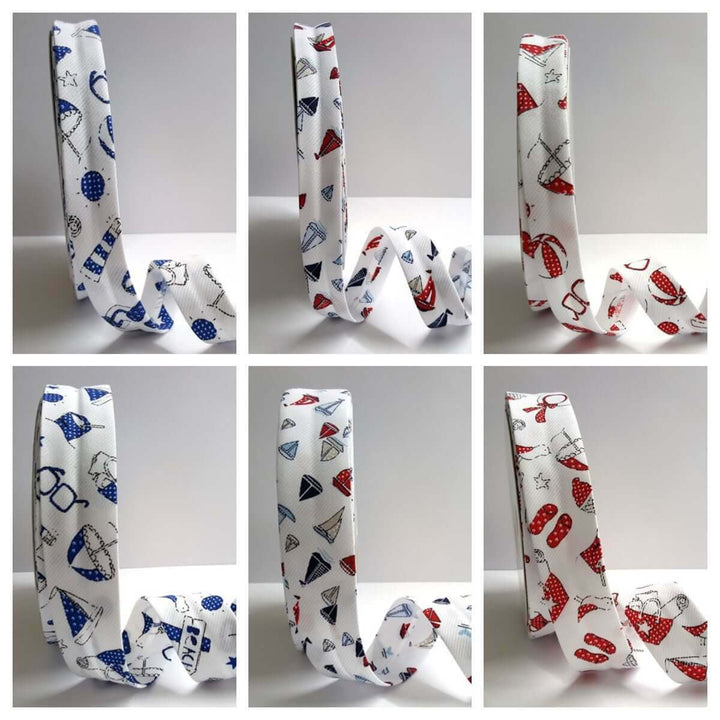 Blue/Red Beach/Sailboat Bias Binding x 1m. Double fold 18mm /30mm wide